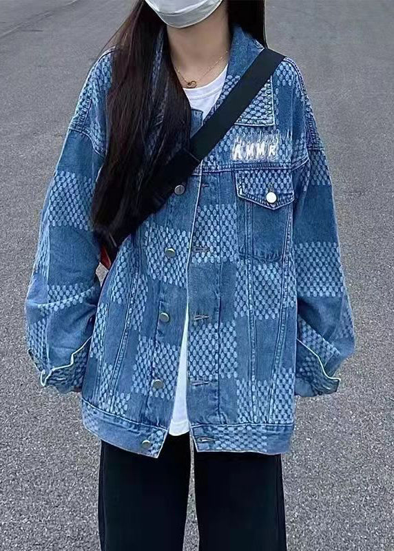 Women Denim Blue Peter Pan Collar Pockets Plaid Print Coat Long Sleeve