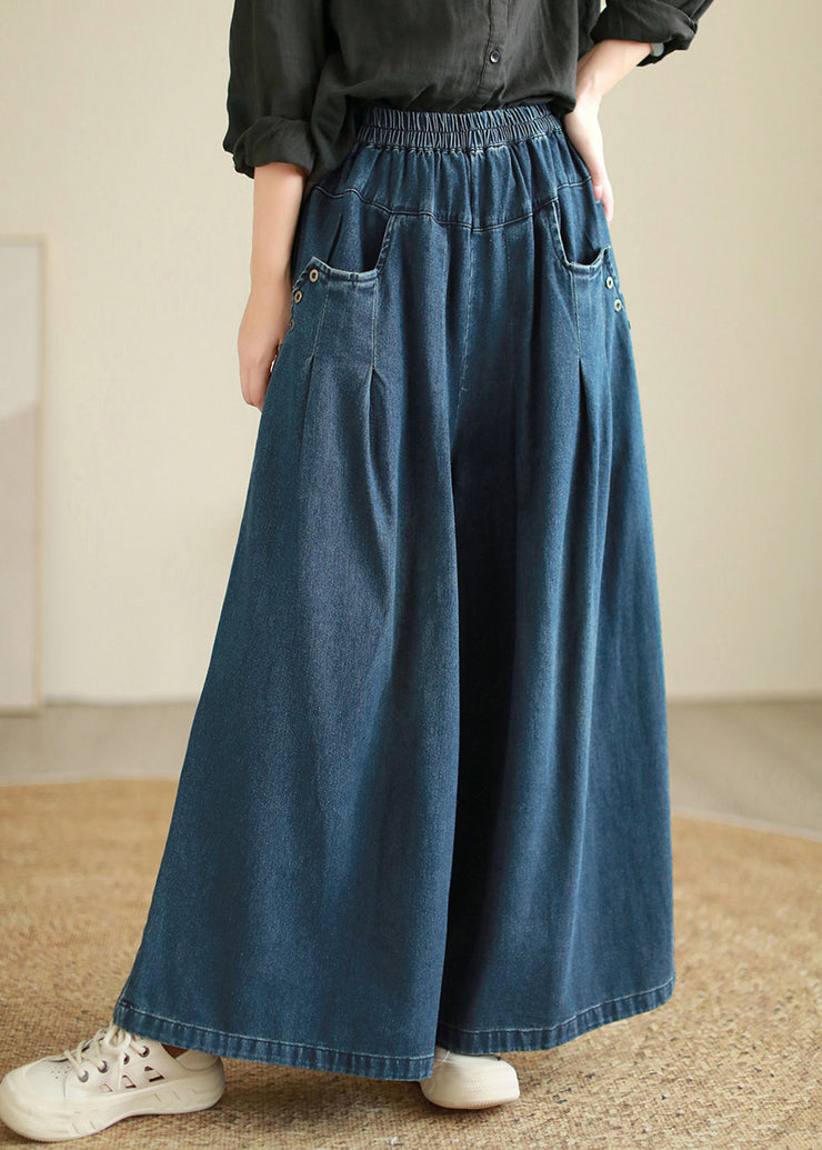 Women Denim Blue Pockets Elastic Waist Flare Pants Fall