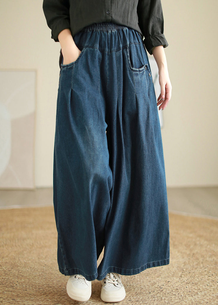 Women Denim Blue Pockets Elastic Waist Flare Pants Fall