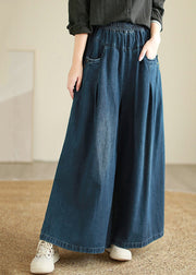 Women Denim Blue Pockets Elastic Waist Flare Pants Fall