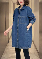 Women Denim Blue Pockets Patchwork Button Coat Fall