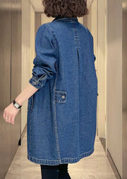 Women Denim Blue Pockets Patchwork Button Coat Fall