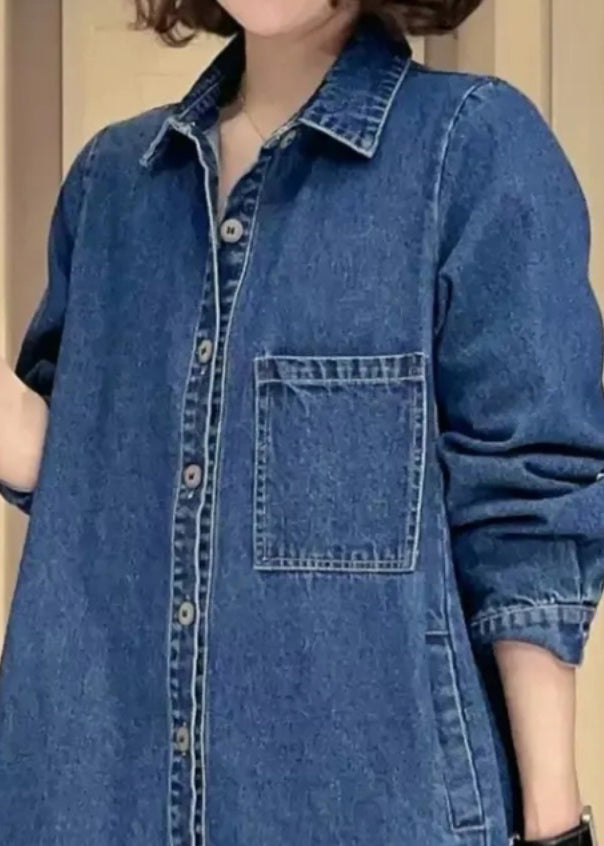 Women Denim Blue Pockets Patchwork Button Coat Fall