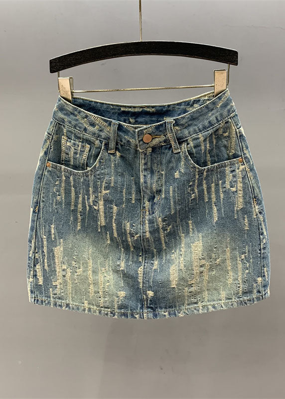 Women Denim Blue Pockets Patchwork High Waist Cotton A Line Skirt