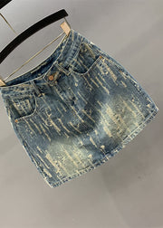 Women Denim Blue Pockets Patchwork High Waist Cotton A Line Skirt