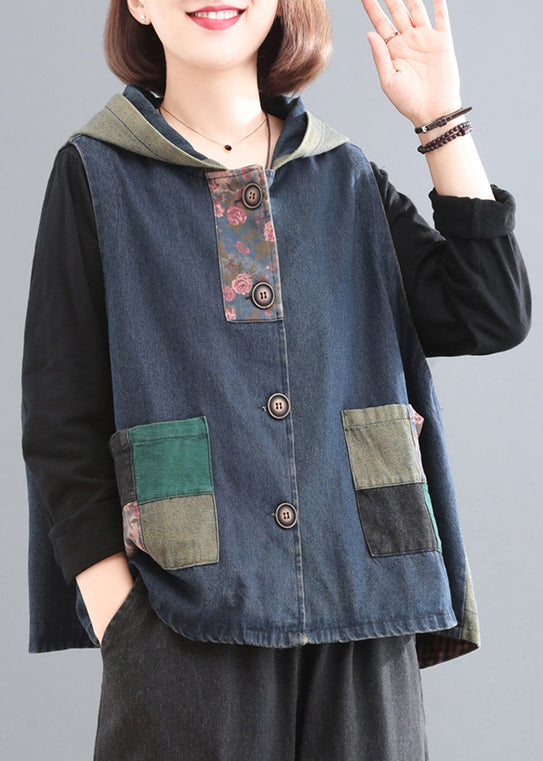 Women Denim Blue Print Patchwork Button Cotton Hooded Waistcoat Sleeveless