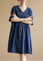 Women Denim Blue V Neck Pockets Cotton A Line Dress Short Sleeve