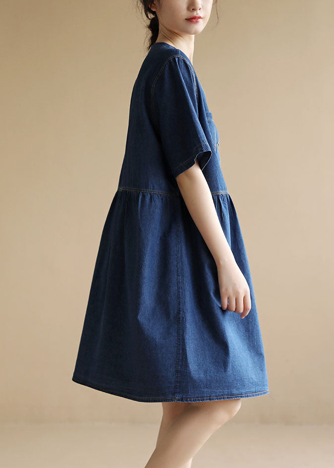 Women Denim Blue V Neck Pockets Cotton A Line Dress Short Sleeve