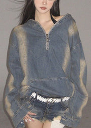 Women Denim Blue Zippered Patchwork Hoodie Coat Fall