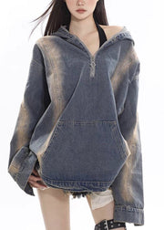 Women Denim Blue Zippered Patchwork Hoodie Coat Fall