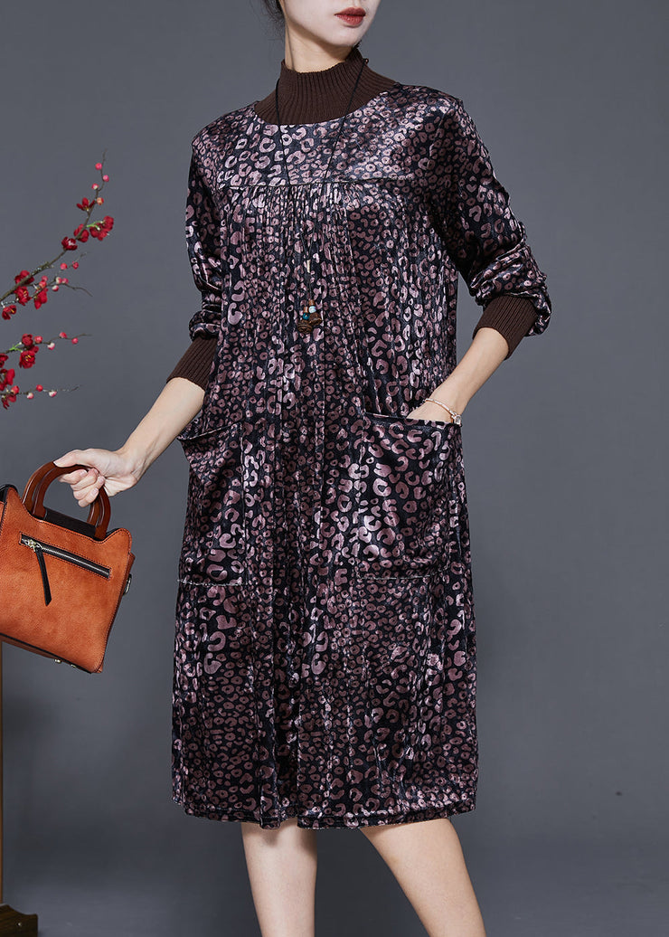 Women Dull Purple High Neck Print Silk Velour Dress Spring