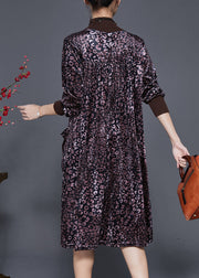 Women Dull Purple High Neck Print Silk Velour Dress Spring