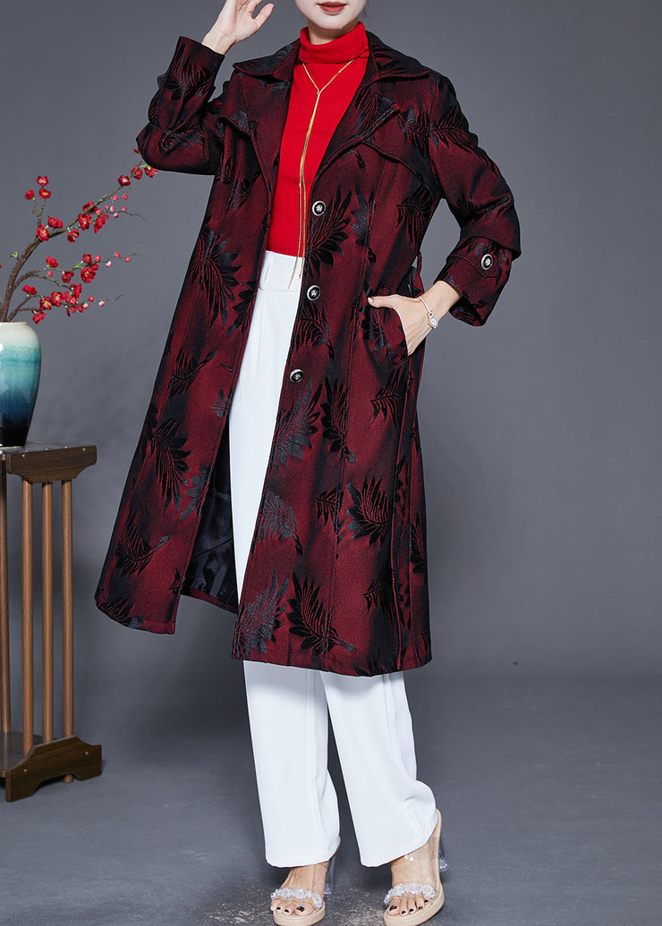 Women Dull Red Lapel Jacquard Trench Coat Fall