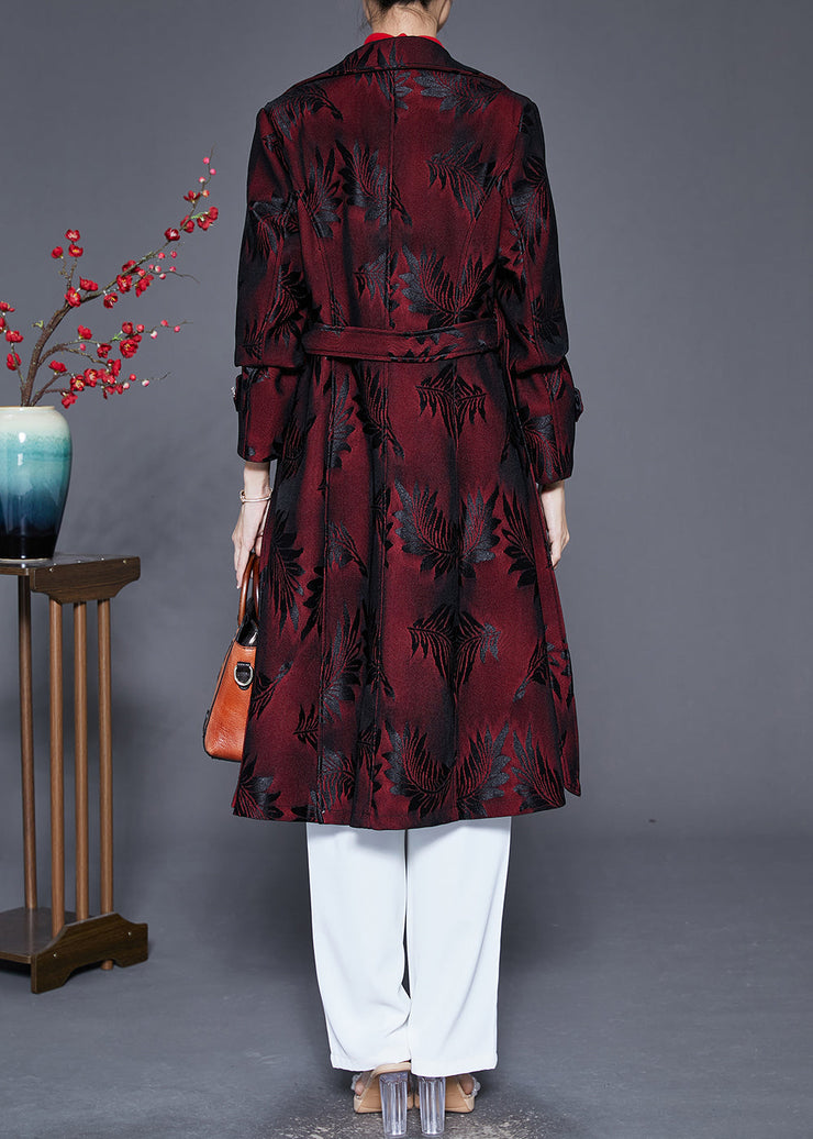 Women Dull Red Lapel Jacquard Trench Coat Fall