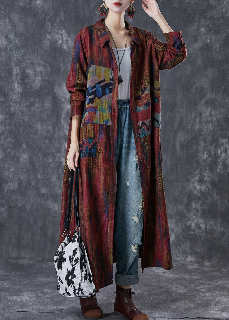 Women Dull Red Oversized Print Linen Trench Spring