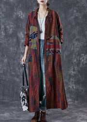 Women Dull Red Oversized Print Linen Trench Spring