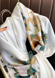 Women Elegant White Lotus Print Versatile Silk Scarf