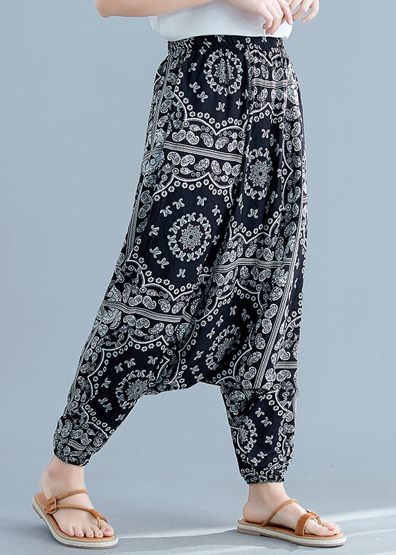 Women Floral Elastic Waist Patchwork Cotton Lantern Pants Summer