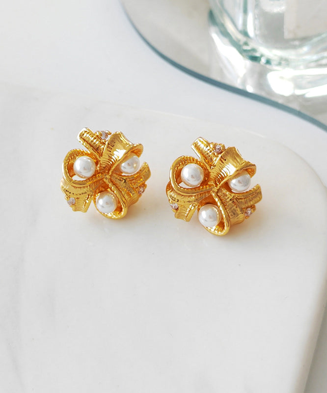 Women Gold Copper Pearl Glass Stud Earrings