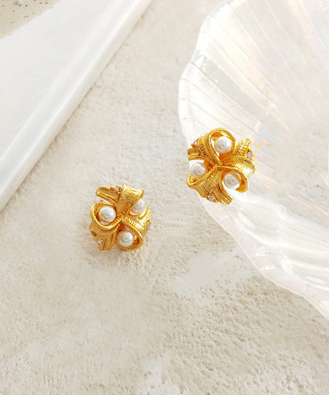 Women Gold Copper Pearl Glass Stud Earrings