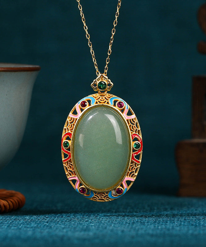 Women Gold Copper Overgild Jade Enamel Auspicious Clouds Pendant Necklace