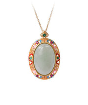 Women Gold Copper Overgild Jade Enamel Auspicious Clouds Pendant Necklace