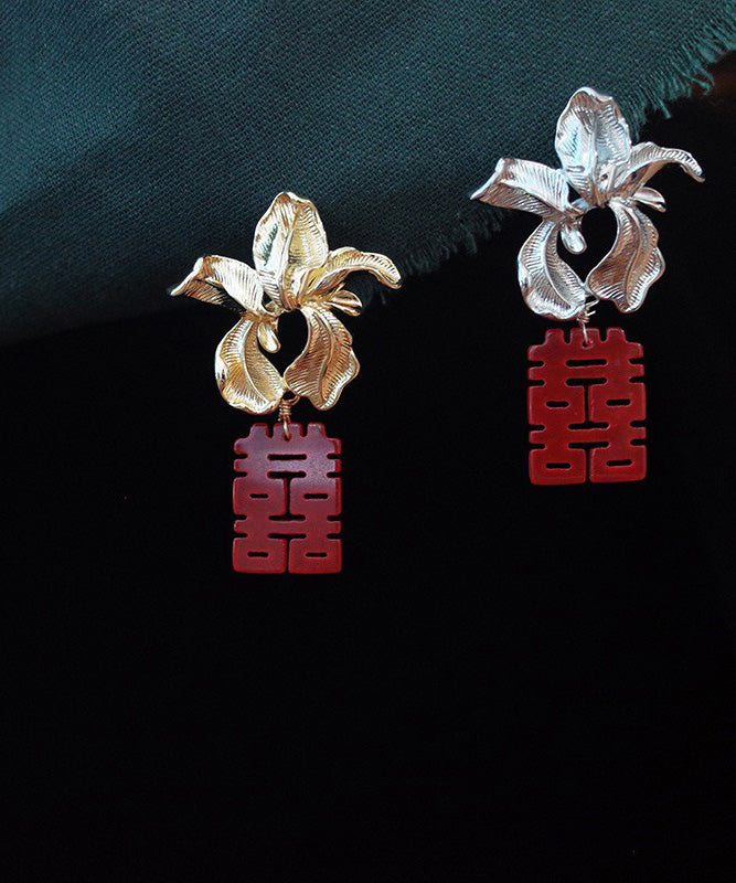 Women Gold Floral Red Letter Drop Earrings