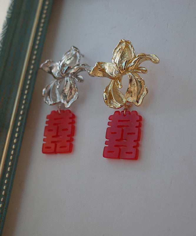 Women Gold Floral Red Letter Drop Earrings