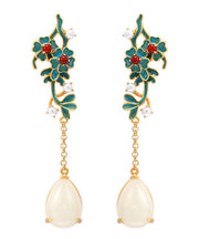 Women Gold Sterling Silver Jade Pearl Agate Floral Tassel Drop Earrings