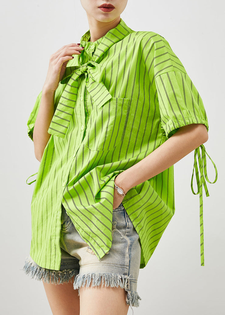 Women Grass Green Striped Cotton Shirt Tops Summer