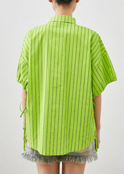 Women Grass Green Striped Cotton Shirt Tops Summer