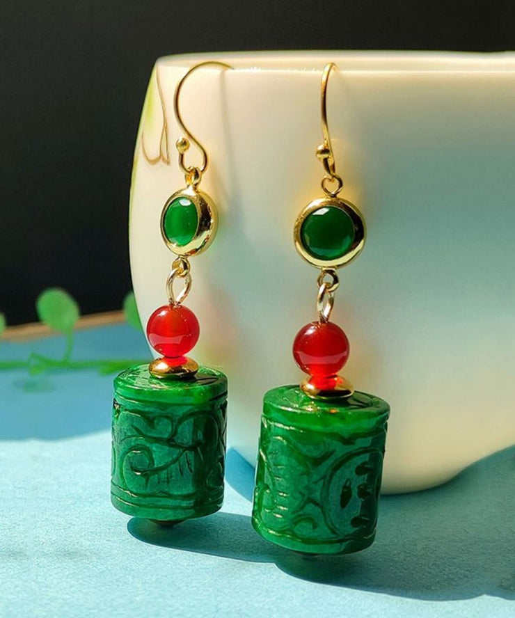 Women Green 14K Gold Dry Green Jade Agate Drop Earrings