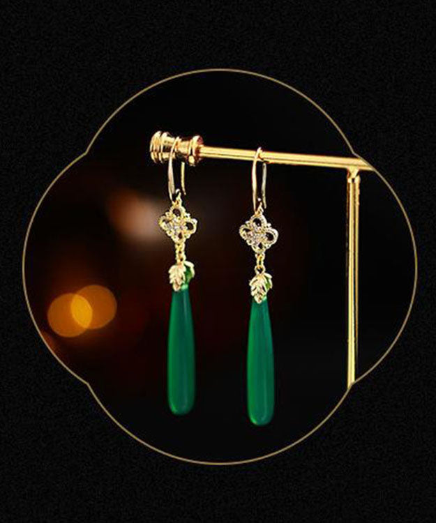 Women Green Agate Copper Overgild Tassle Drop Earrings