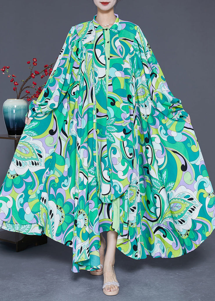 Women Green Asymmetrical Print Chiffon Ankle Dress Spring