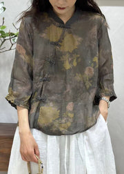 Women Green Chinese Button Print Linen Shirt Bracelet Sleeve