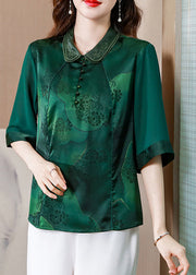 Women Green Double-layer Collar Patchwork Print Silk Top Half Sleeve