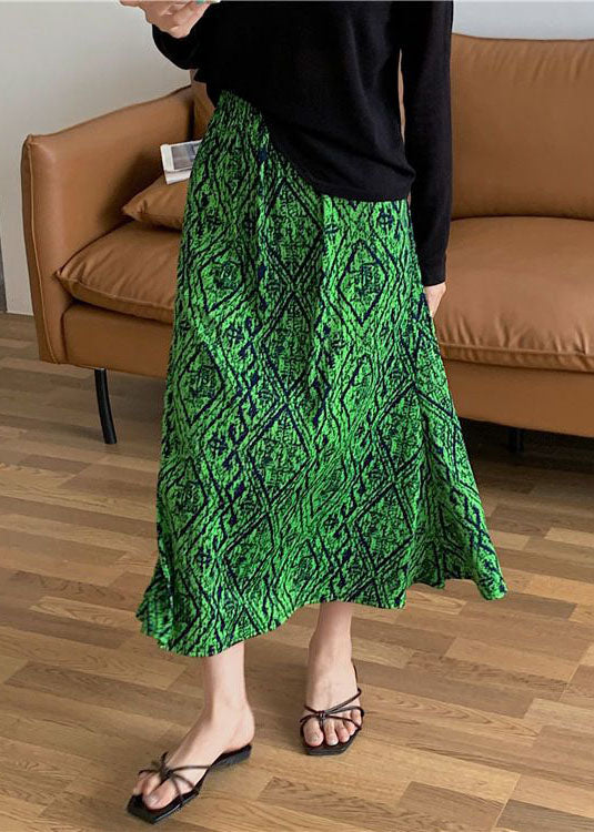 Women Green Elastic Waist Print Draping Silk Skirt Summer