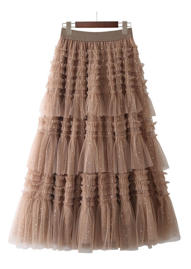 Women Green Elastic Waist Sequins Ruffled Tulle Skirts Spring