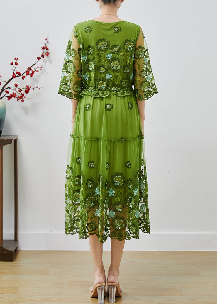 Women Green Embroidered Tulle Cinched Dress Summer