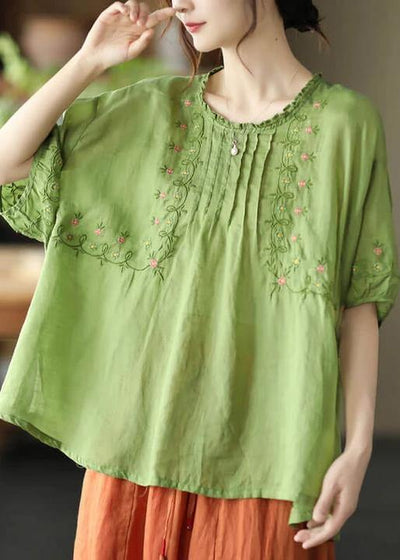 Women Green Floral Draped Ramie O-neck Embroidered Split T-shirt - SooLinen