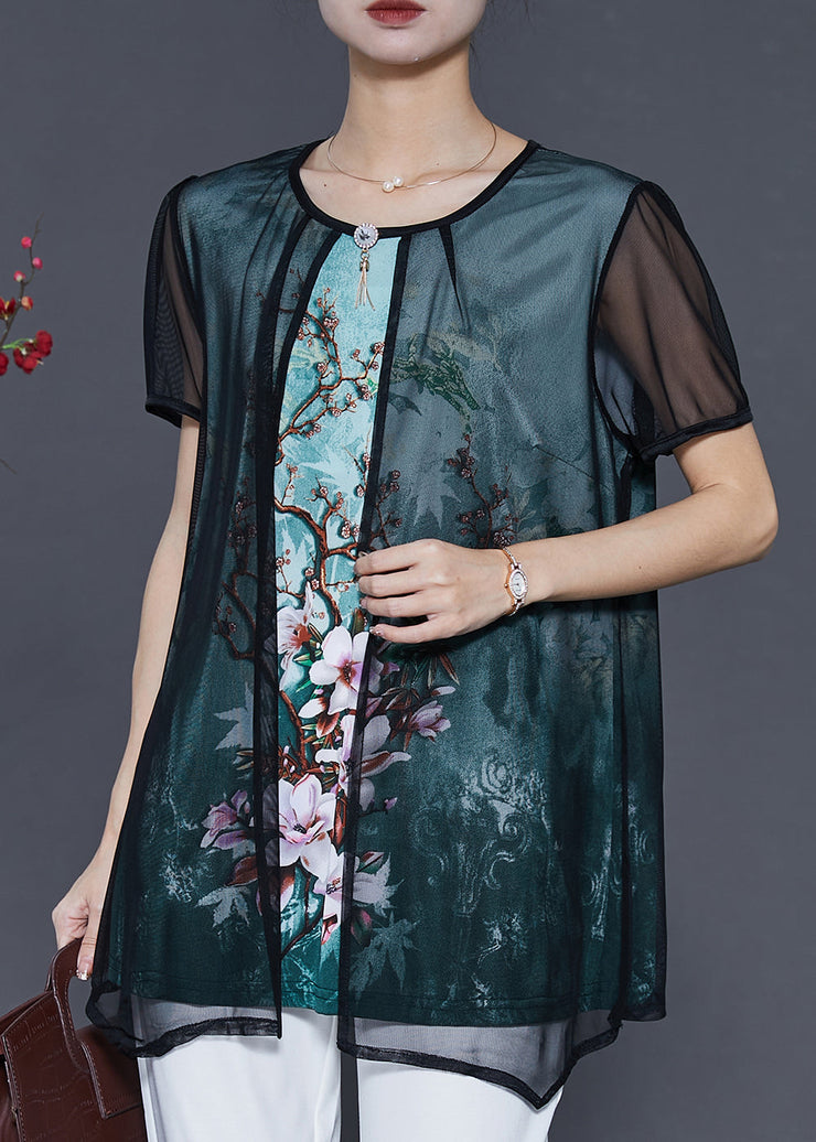 Women Green Flower Tulle Fake Two Piece Shirt Tops Summer