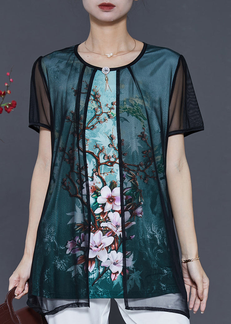 Women Green Flower Tulle Fake Two Piece Shirt Tops Summer