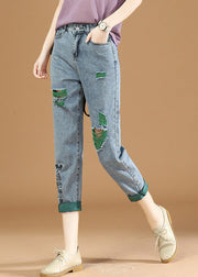 Women Green Graphic Print Patchwork High Waist Denim Crop Pants Summer