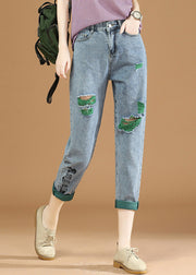 Women Green Graphic Print Patchwork High Waist Denim Crop Pants Summer