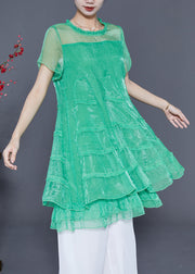 Women Green Hollow Out Patchwork Layered Design Tulle A Line Dress Summer