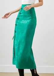 Women Green Jacquard Chinese Button Silk Wraped Skirt Fall