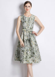 Women Green Jacquard Wrinkled Tie Waist Patchwork Cotton Mid Dress Sleeveless