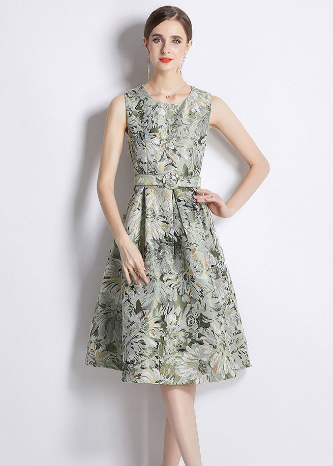 Women Green Jacquard Wrinkled Tie Waist Patchwork Cotton Mid Dress Sleeveless