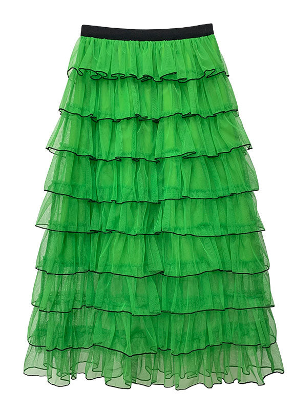 Women Green Layered Design Ruffled Tulle Skirts Summer