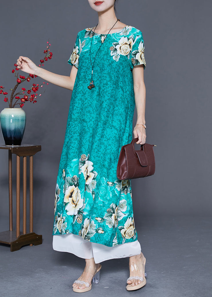 Women Green O-Neck Print Cotton Robe Dresses Summer